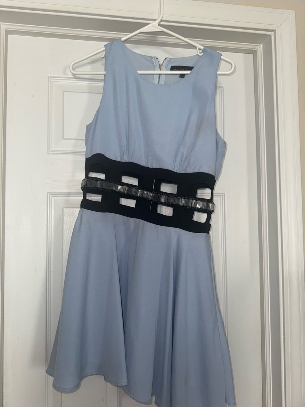 Light Blue Sleeveless Mini Dress with Black Cutout Waistband